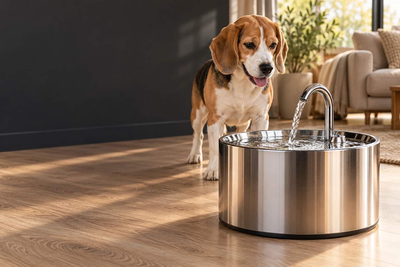 Stainless steel dog water fountain with a beagle in a living room
