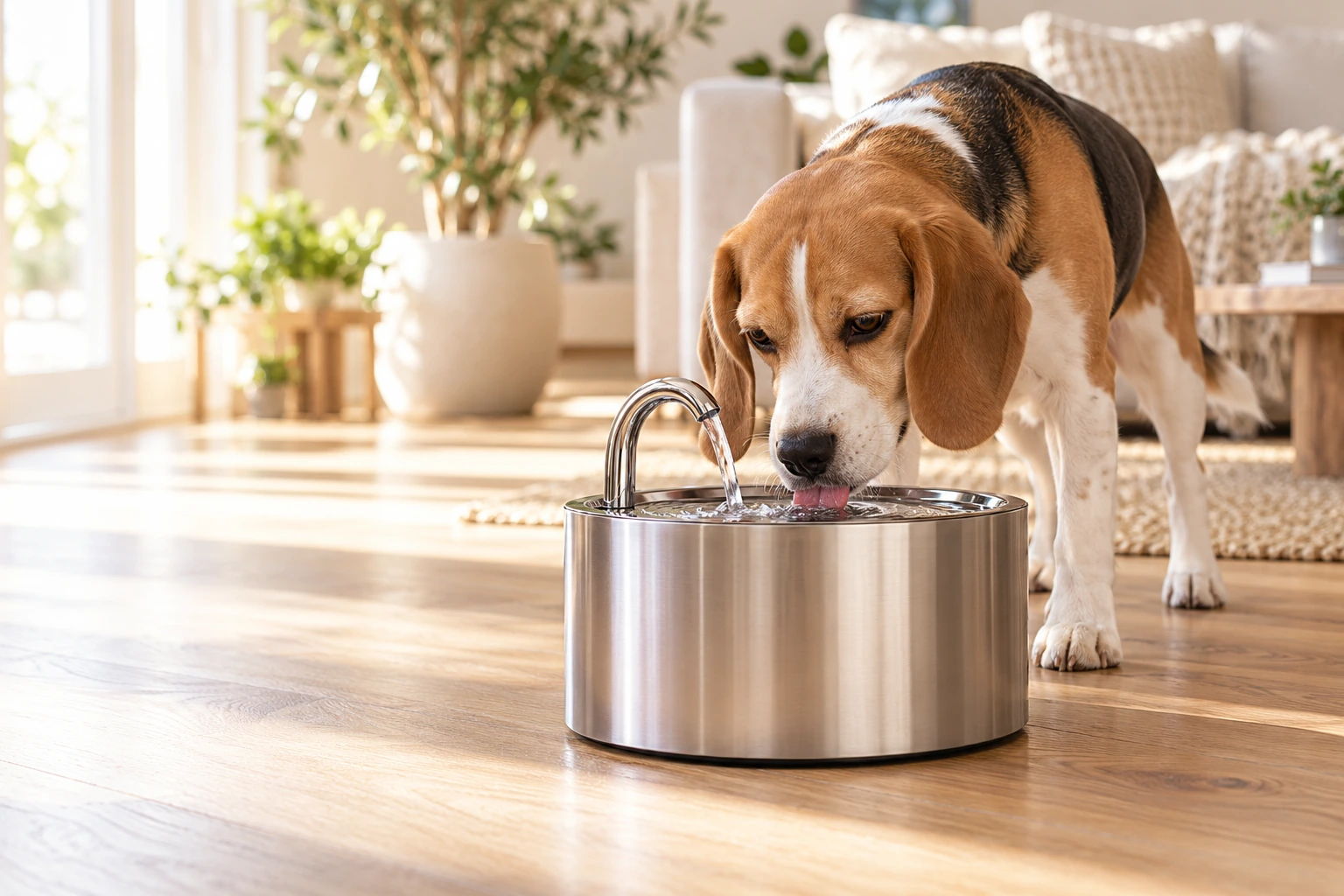Beagle drinking from a fountain in a sunny room